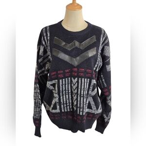Exchange Unlimited Vintage Blue And Gray Faux Leather Accents Cosby Sweater